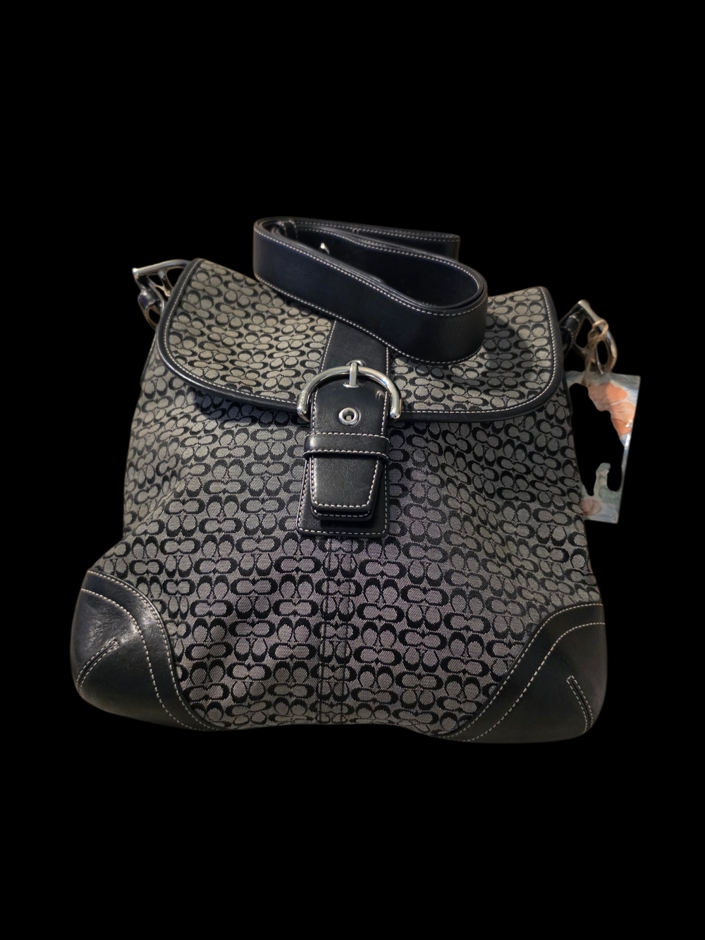Coach Black Signature Canvas Shoulder Bag with Leather Trim
